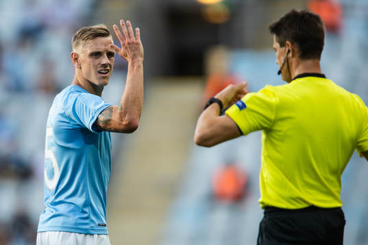 Sören Rieks of Malmö FF reacts against the referee Matej
