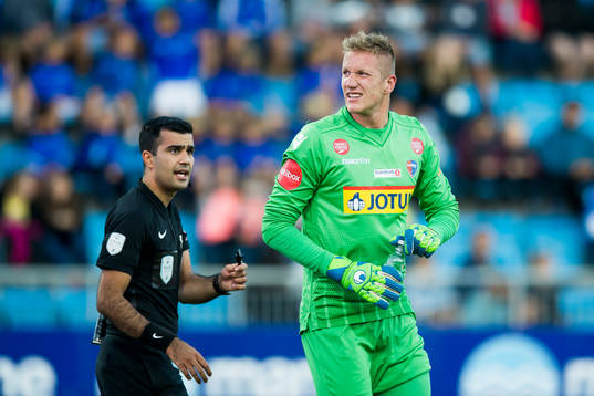Goalkeeper Eirik Holmen Johansen of Sandefjord reacts