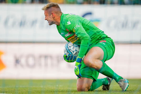 Goalkeeper Eirik Holmen Johansen of Sandefjord reacts to an