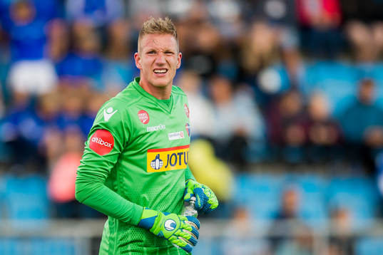 Goalkeeper Eirik Holmen Johansen of Sandefjord reacts to an