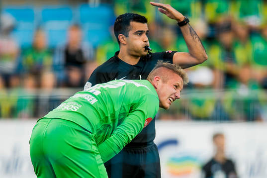 Goalkeeper Eirik Holmen Johansen of Sandefjord reacts to an