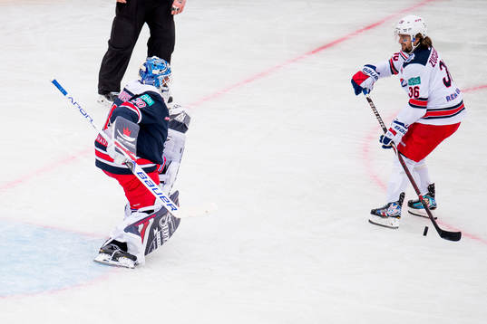 Henrik Lundqvist of Team Henke saves a penalty shot from