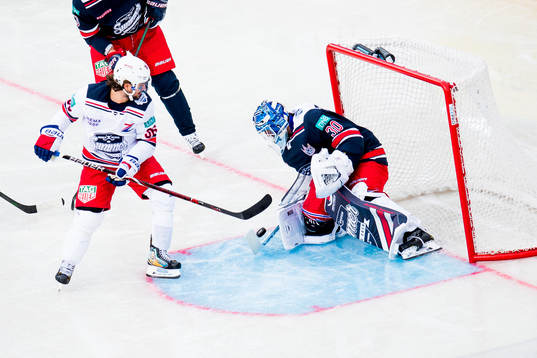 Goaltender Henrik Lundqvist of Team Henke saves a shot by