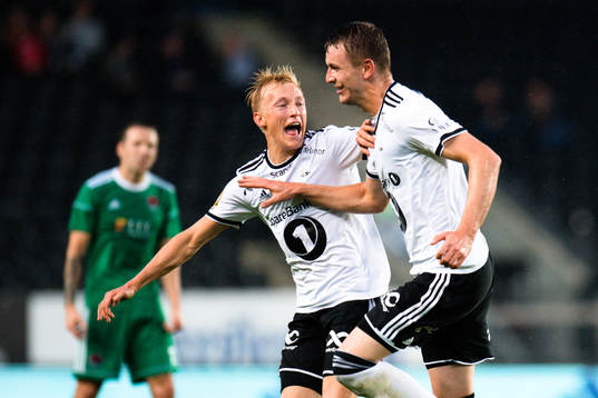 Birger Meling and Besim Serbecic of Rosenborg celebrates