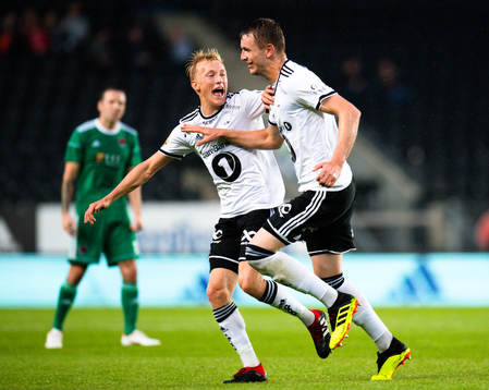 Birger Meling and Besim Serbecic of Rosenborg celebrates