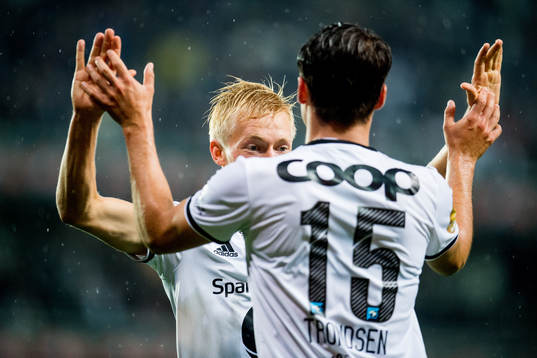 Birger Meling and Anders Trondsen of Rosenborg celebrate