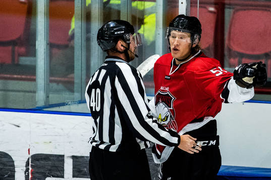 Malmö Redhawks Emil Sylvegård i diskussion med domaren