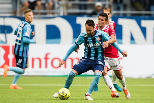 Djurgårdens Dzenis Kozica  i kamp om bollen med Kalmars