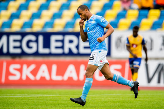 Erixon Danso of Sandnes Ulf celebrates scoring 0-1