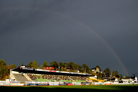 A rainbow over J.J. Ugland Stadion Levermyr