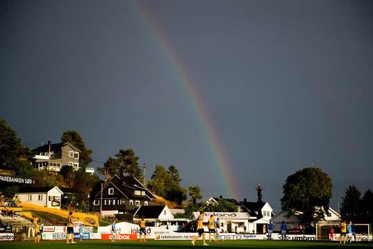 A rainbow over J.J. Ugland Stadion Levermyr