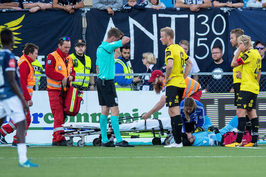 goalkeeper Jonas Deumeland of Start is injured