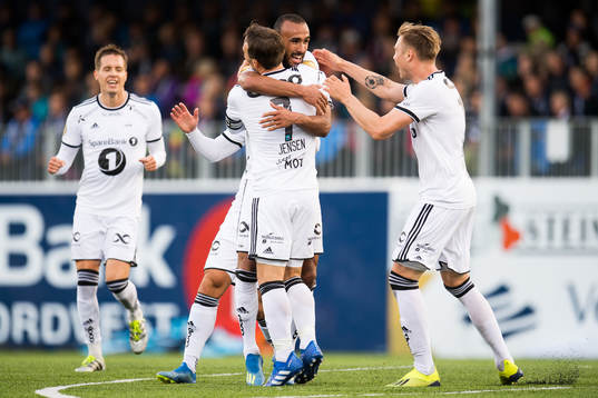 Issam Jebali of Rosenborg celebrates with his teammates