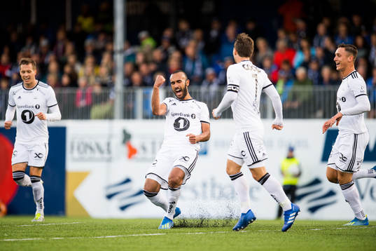 Issam Jebali of Rosenborg celebrates with his teammates