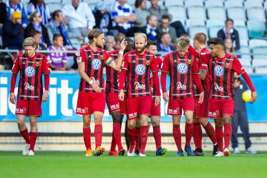 Östersunds Dennis Widgren jublar med lagkamrater
