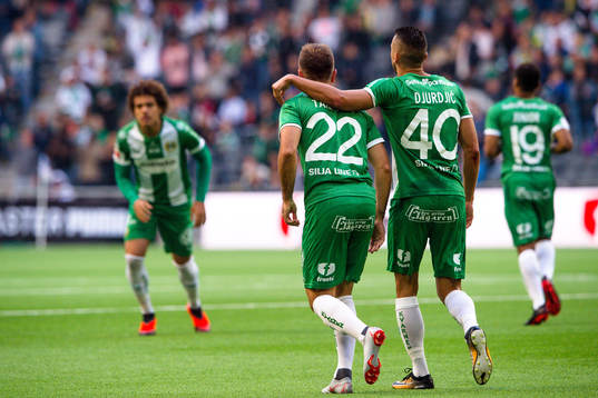 Hammarbys Nikola Djurdjic och Muamer Tankovic jublar