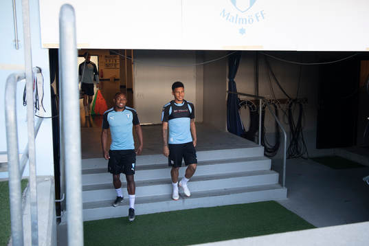 Fouad Bachirou and Romain Gall of Malmö FF enters the pitch