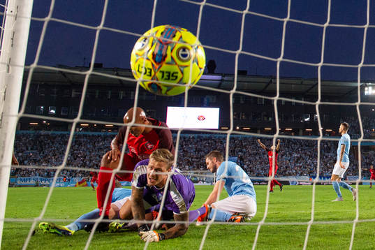 Goalkeeper Johan Dahlin of Malmö FF looks dejected