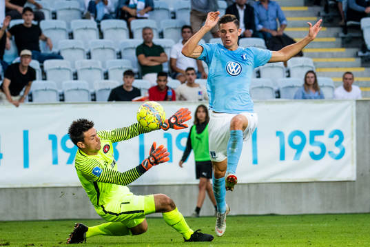 Goalkeeper Jesper Hansen of Midtjylland ns Marcus Antonsson