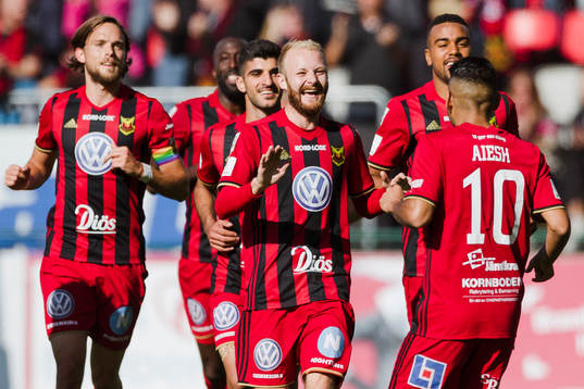 Östersunds Curtis Edwards jublar med Hosam Aiesh