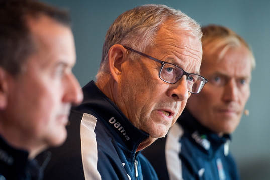 Lars Lagerbäck, head coach of Norway, presents the team