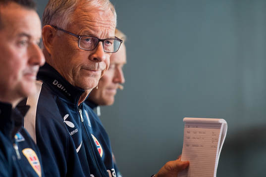 Lars Lagerbäck, head coach of Norway, presents the team