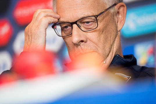 Lars Lagerbäck, head coach of Norway, presents the team