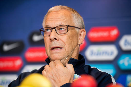 Lars Lagerbäck, head coach of Norway, presents the team