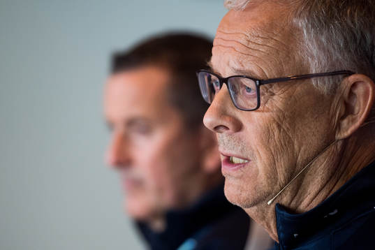 Lars Lagerbäck, head coach of Norway, presents the team