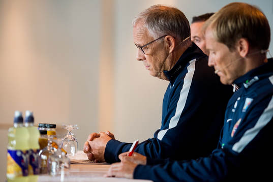 Lars Lagerbäck, head coach of Norway, presents the team