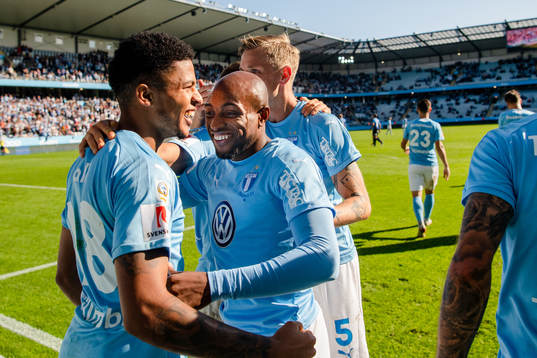 Malmö FFs  Romain Gall och Fouad Bachirou jublar