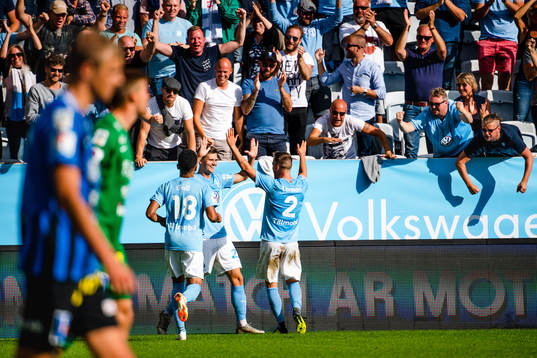 Malmö FFs Romain Gall och Eric Larsson jublar med Marcus
