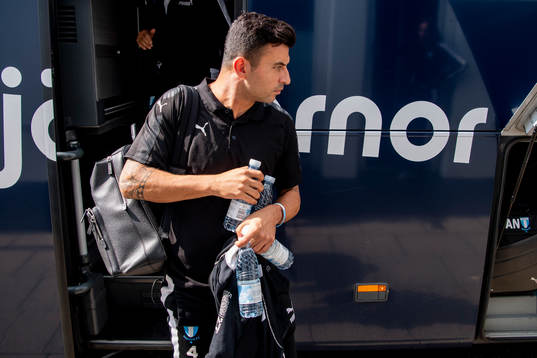 Behrang Safari of Malmö FF arrive at their hotel