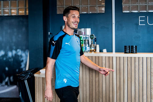 Markus Rosenberg of Malmö FF leaves a press conference and