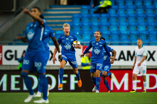 Erling Braut Haaland of Molde celebrates the 2-1 goal