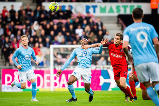 Fouad Bachirou of Malmö FF and Jakob Poulsen of Midtjylland