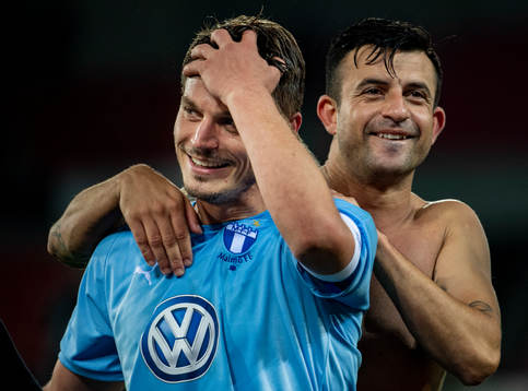 Markus Rosenberg and Behrang Safari of Malmö FF celebrate