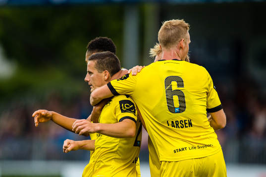 Herolind Shala of Start celebrates the 0-1 goal with his