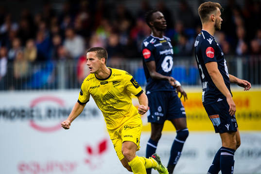 Herolind Shala of Start celebrates the 0-1 goal