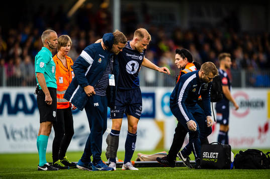 Dan Peter Ulvestad of Kristiansund leaves the game with a