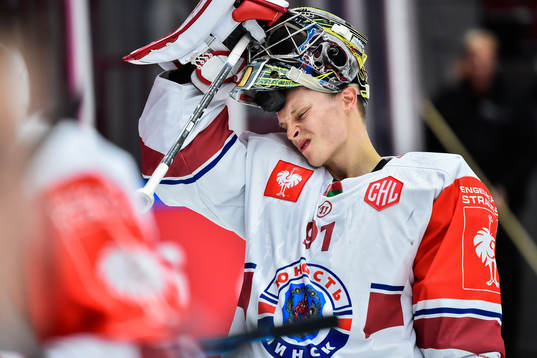 Goalkeeper Alexander Borodulya of Yunost Minsk looks