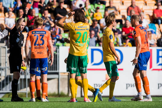 Aron Elís Thrándarson of Aalesund is shown a red card by