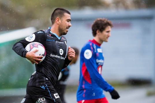 Sanel Kapidzic of Sandnes Ulf celebrates the 2-1 goal