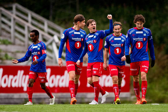 Vegard Lysvoll of Tromsdalen celebrates the 2-0 goal with