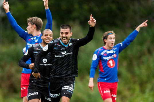 Erixon Danso and Sanel Kapidzic of Sandnes Ulf celebrate