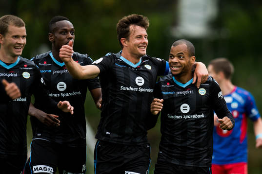 Niels Vorthoren and Erixon Danso of Sandnes Ulf celebrate