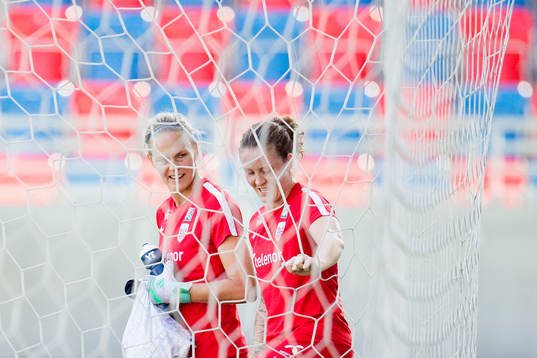 Goalkeeper Ingrid Hjelmseth and Isabell Herlovsen of Norway