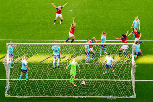 Ingrid Syrstad Engen of Norway celebrates with teammates