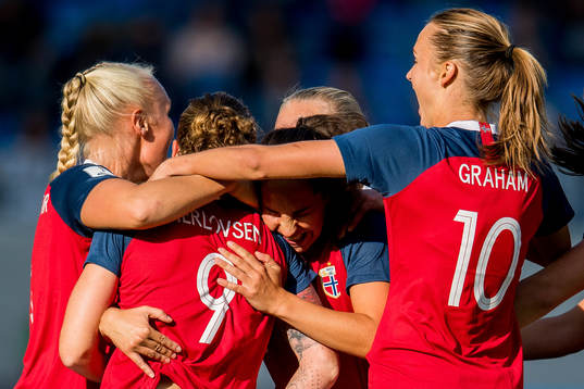 Isabell Herlovsen of Norway celebrates with teammate Ingrid