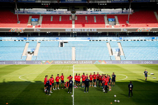 General view of Ullevaal Stadion and the players of Norway